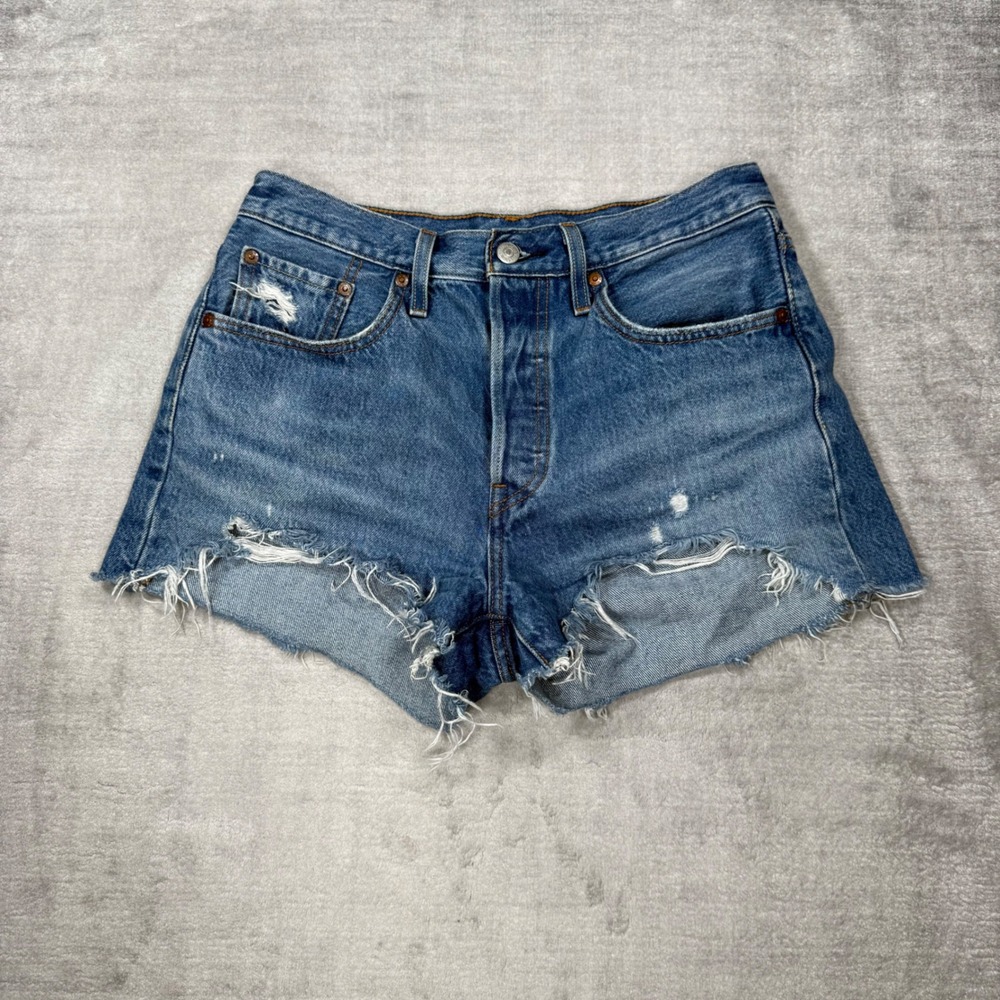Levi's 501 Premium Denim Shorts Womens 28 Blue Distressed Cut Off High Rise Raw